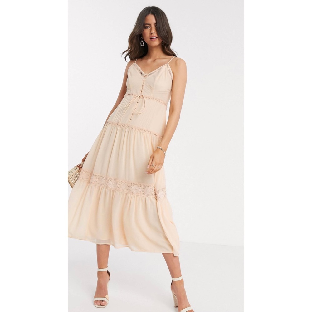 midi cami dress with lace insert in peach
